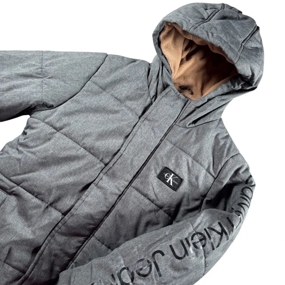 Calvin Klein Jeans Kids Gray Hooded Puffer Jacket Sz M 10/12 Gorpcore arm
